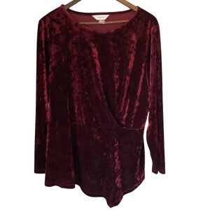 CJ Banks Crushed Velvet Vamp Long Sleeve Top 1X Burgundy Asymmetrical Whimsigoth